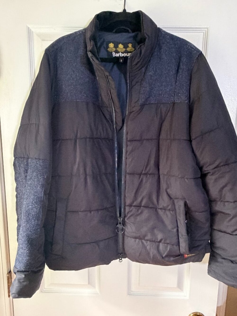 Barbour Dhow Quilted Navy Jacket Wool Trim Mens Medium